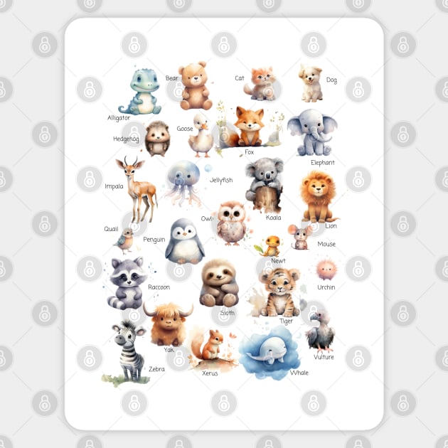 Whimsical Watercolor Animal Alphabet: A-Z Illustrated Cuties Sticker by Happi Bebe Design